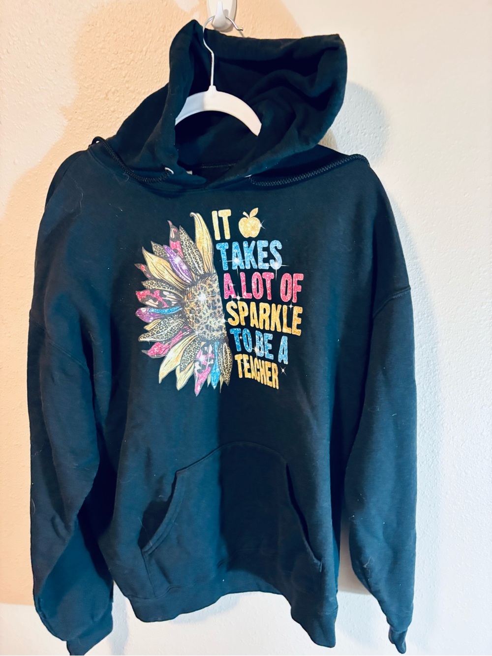 Jerzees Black Teacher Sparkle Sunflower Graphic Hoodie